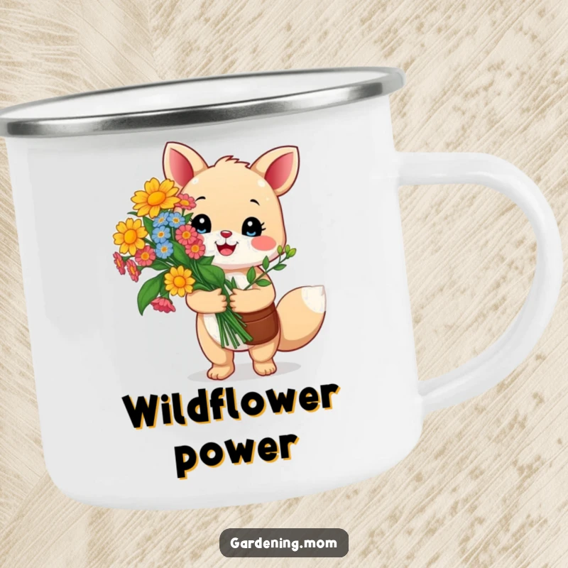 Funny gardening animal camping mug: a happy critter proudly holds a vibrant bouquet of colorful flowers, perfect for outdoor enjoyment and pride.