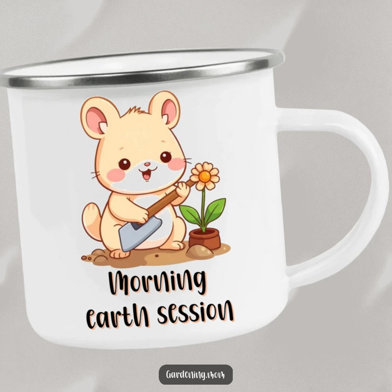 Funny Kawaii Gardening Animal Camping Mug: A durable mug with a happy creature planting a flower, ideal for outdoor enthusiasts.