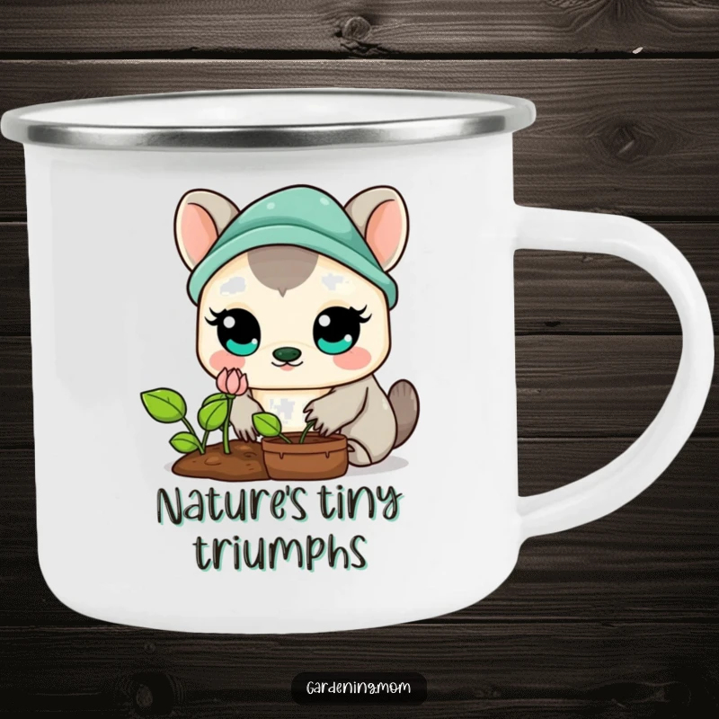 Funny Kawaii Gardening Animal Camping Mug: A durable mug with a wide-eyed animal admiring a sprout, perfect for outdoor enthusiasts.