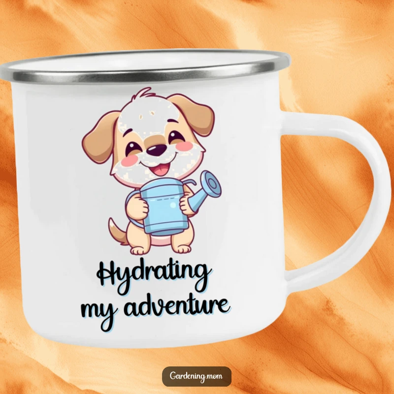 Funny mama dog camping mug with a smiling pup holding a watering can, perfect for outdoor use and garden lovers.