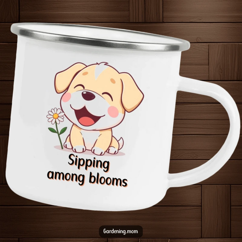 Funny mama dog camping mug with a delighted expression, admiring a blooming daisy, perfect for enjoying drinks outdoors.