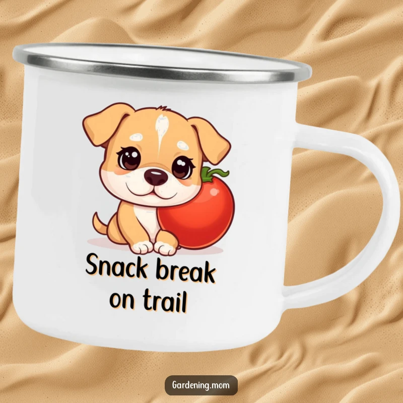 Funny mama dog camping mug with a curious pup peeking from behind a tomato, perfect for outdoor sipping.