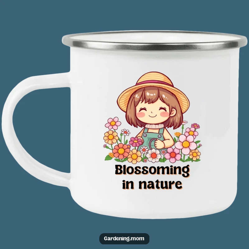 Funny Smiling Gardener Camping Mug - Straw Hat Flower Adventure