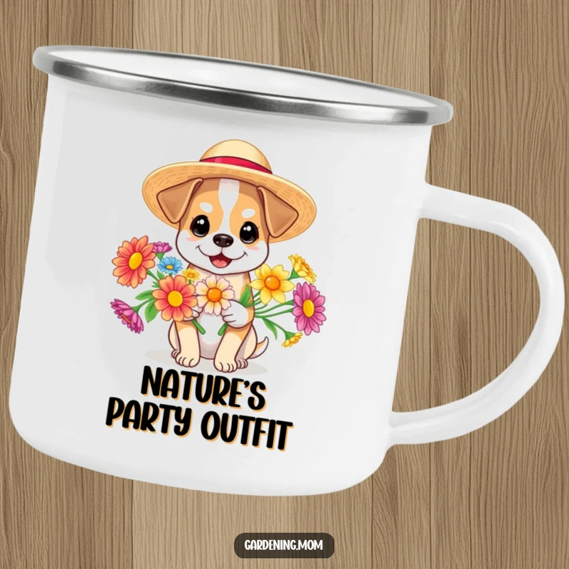 Funny dog wearing a sun hat and holding flowers, a durable camping mug, perfect for outdoor fun, funny gift.