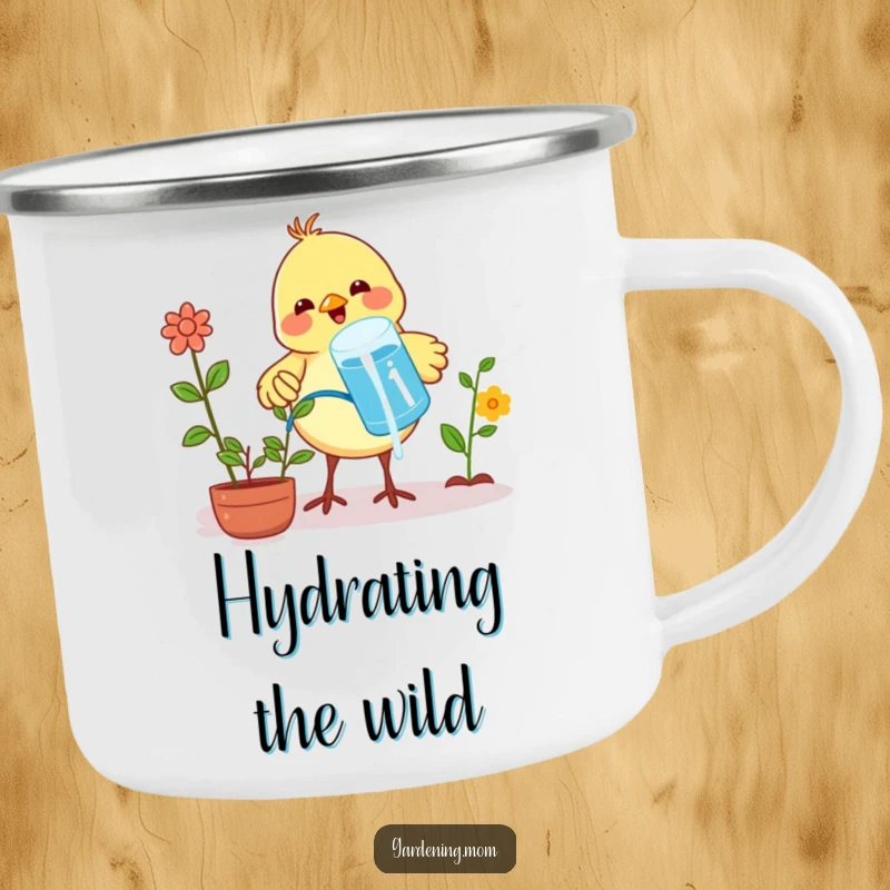 Funny camping mug with a proud little bird watering plants using water from its beak, ready for adventure.