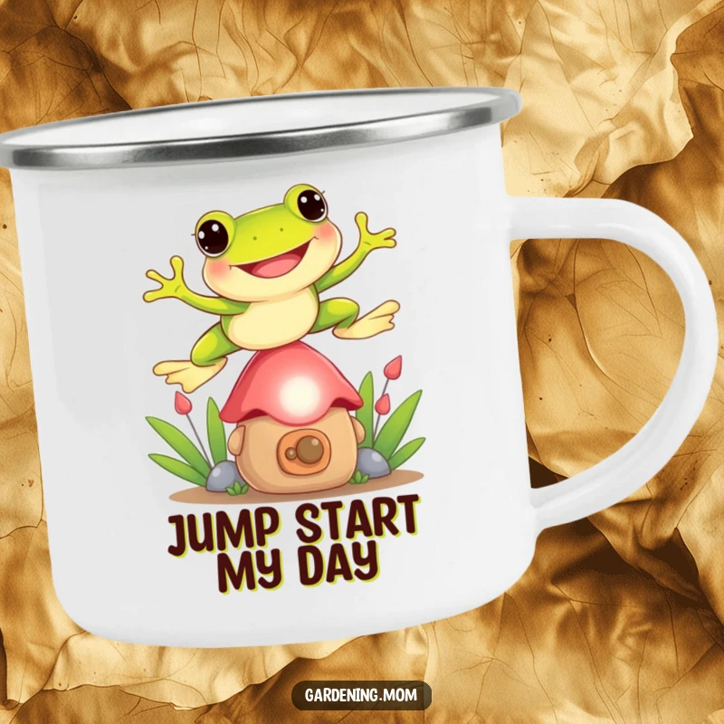 Funny Frog camping mug featuring a playful frog jumping over a garden gnome, perfect for enjoying drinks outdoors.