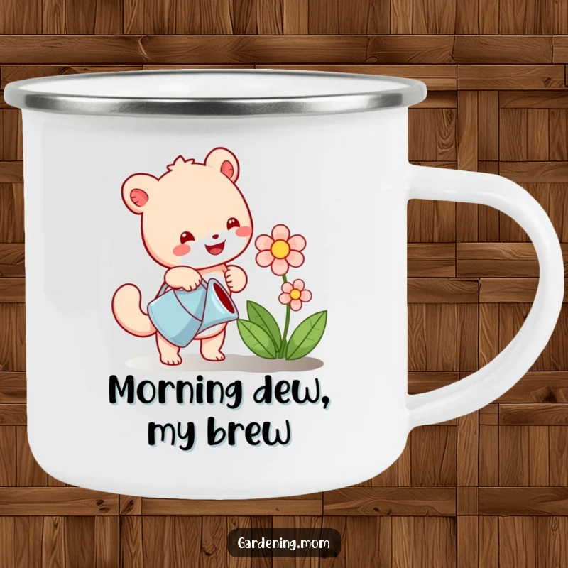 Funny camping mug with a cheerful animal watering a blooming flower, perfect for outdoor enthusiasts who love gardening and humor.