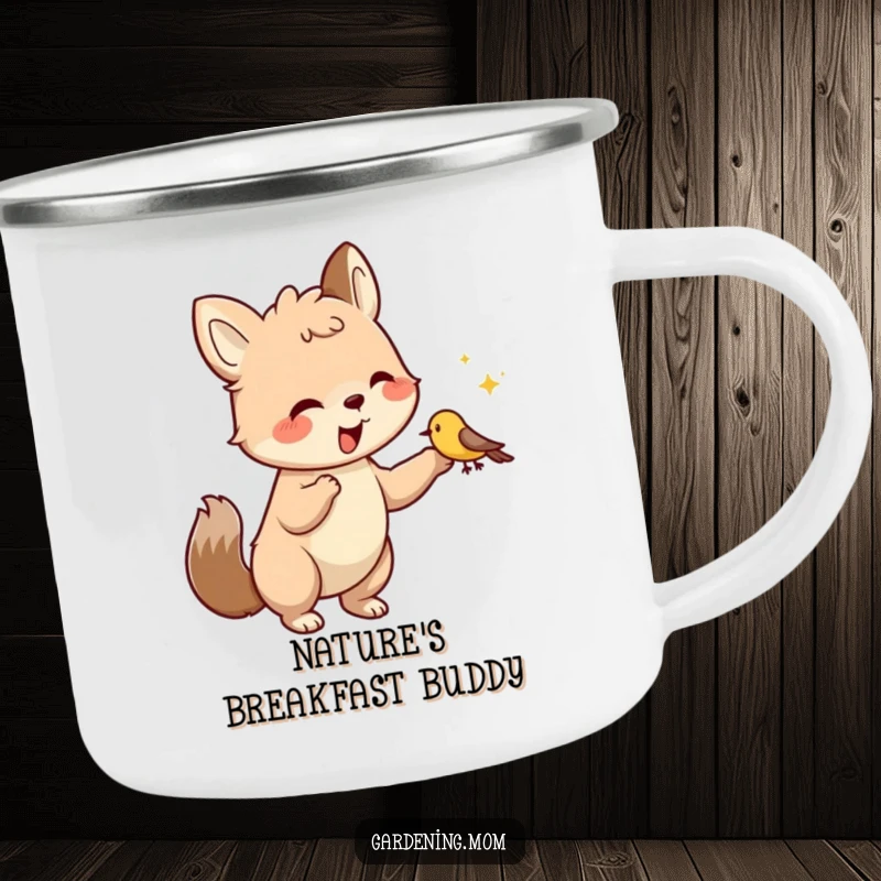 Funny Camping Mug: Rustic enamel mug with a kind animal character feeding a small bird, ideal for outdoor enthusiasts and animal lovers.