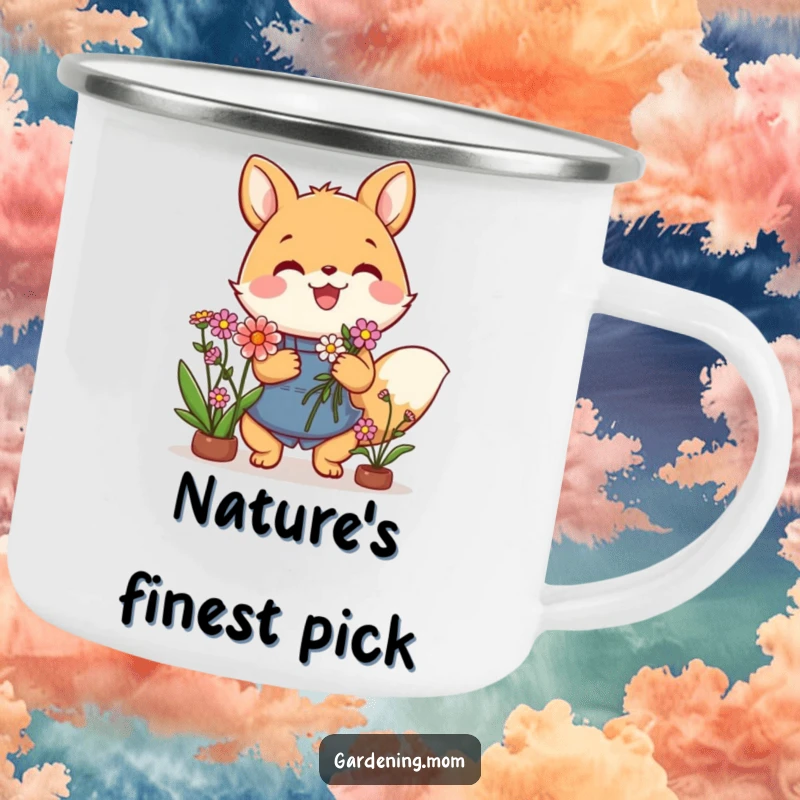 Funny camping mug showcasing a cheerful gardening animal character holding a delightful flower bouquet, perfect for outdoor use.