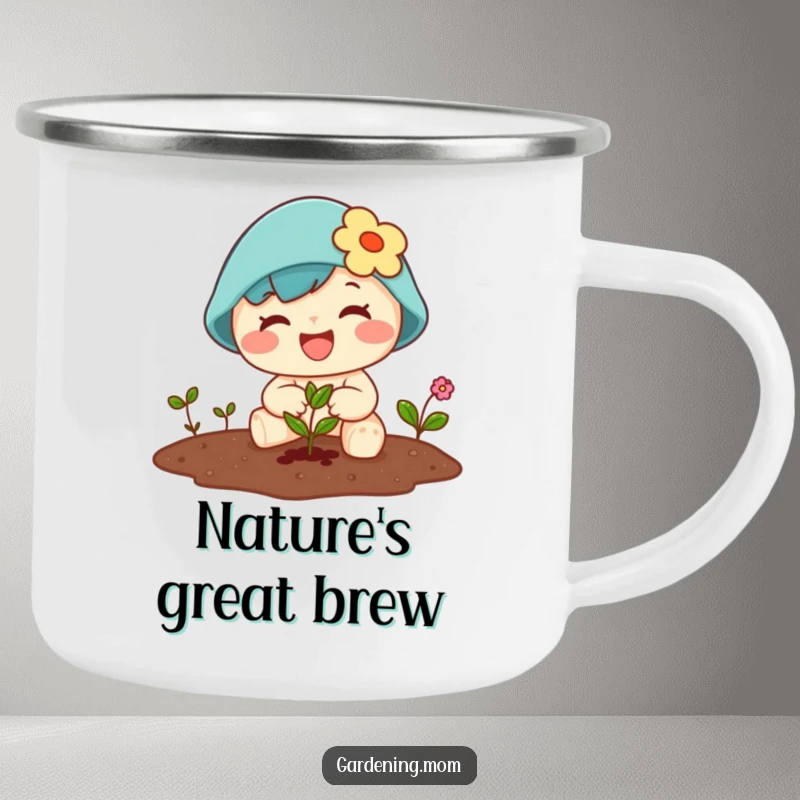 Funny Kawaii gardener camping mug with a character joyfully planting a tiny seed, ready for outdoor planting.