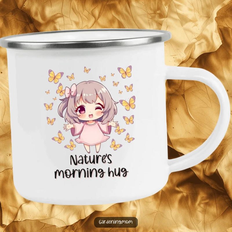 Funny Camping Mug: Character with outstretched hands, surrounded by butterflies, a durable and funny gift for outdoor enchantment.