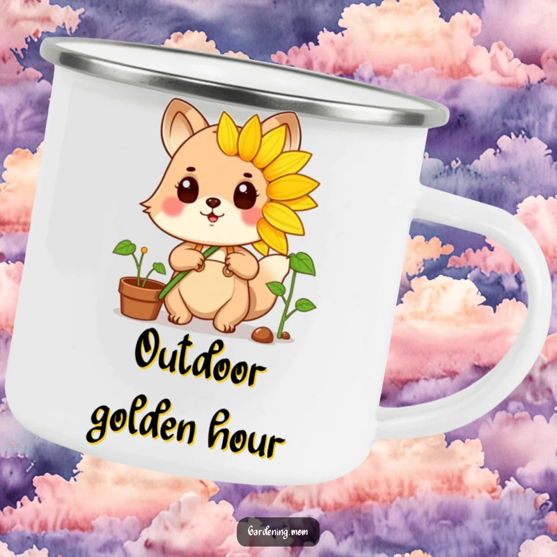 Funny gardening animal character proudly displaying a vibrant sunflower, ready for outdoor sipping.