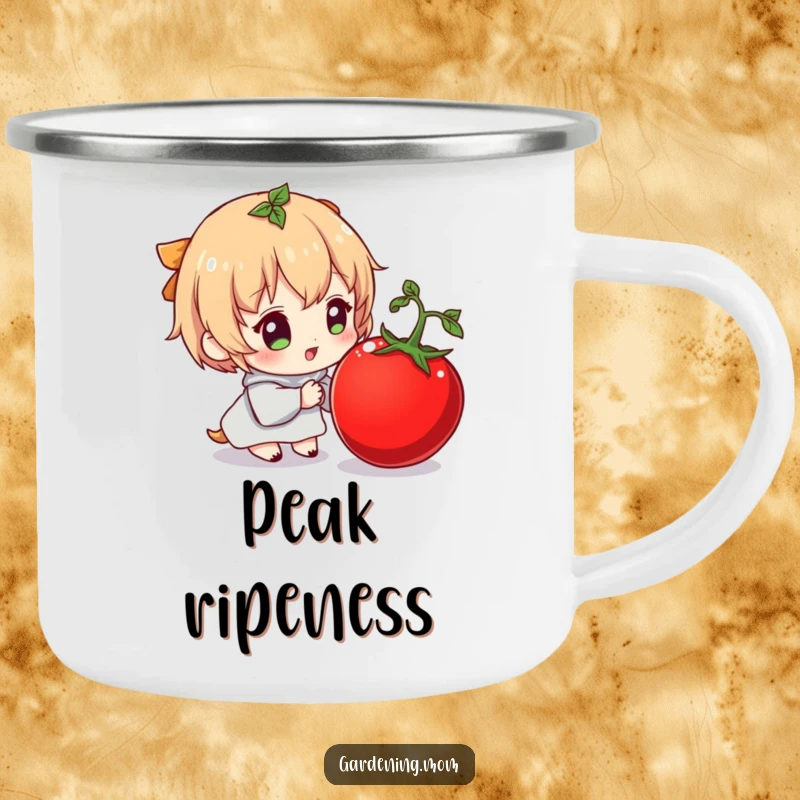 Funny camping mug featuring a character delighting in a plump tomato, perfect for humorous outdoor sipping.