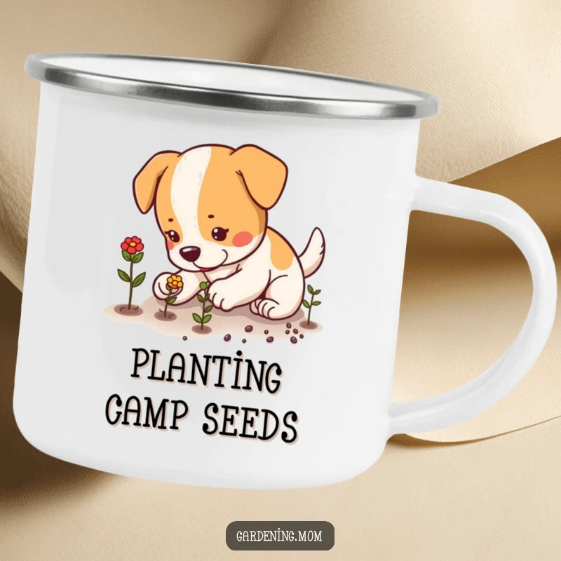 Funny dog carefully planting seeds with small, focused paws, a durable camping mug for outdoor use, funny gift.