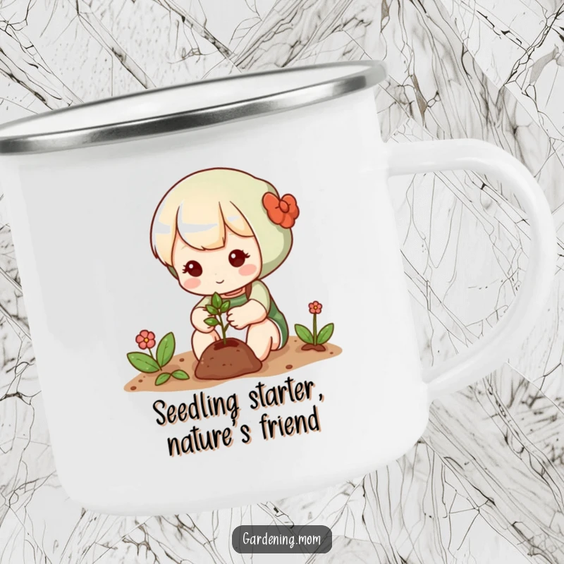 Funny camping mug showing a cute gardening character gently planting a tiny seed, perfect for enjoying drinks in nature.
