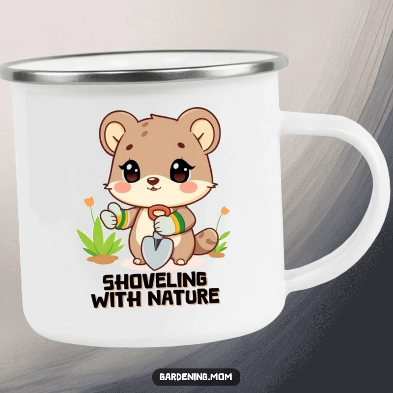 Funny Camping Mug: An animal character wearing gardening gloves and holding a shovel, ready for outdoor digging.