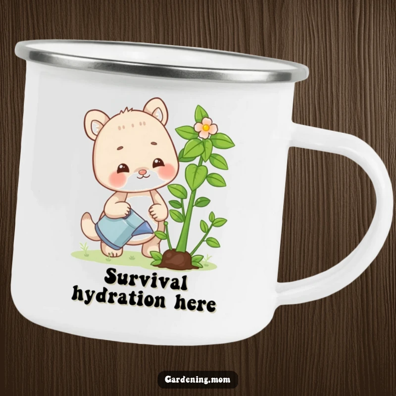Funny camping mug featuring a happy gardening mom animal watering a vibrant plant, ideal for outdoor enthusiasts who love plants and humor.