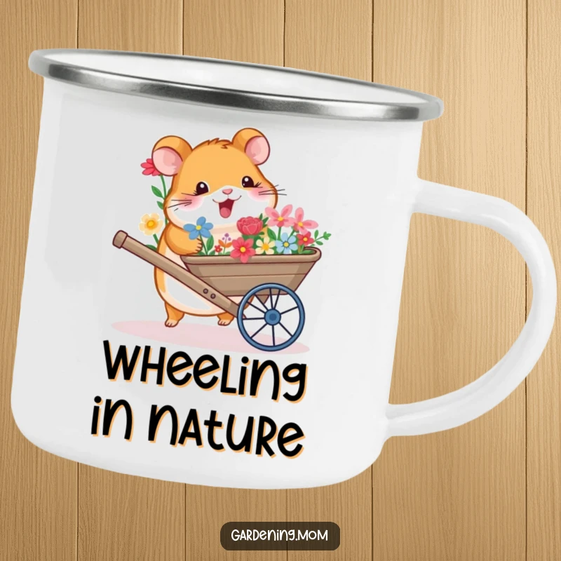 Funny camping mug featuring a happy hamster with a wheelbarrow full of colorful flowers, ready for outdoor fun.
