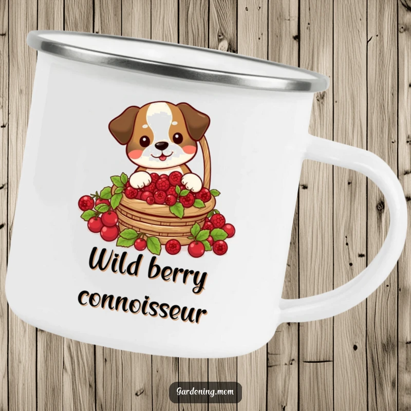 Funny camping mug with a dog happily harvesting a basket of plump red berries, ready for outdoor adventures.