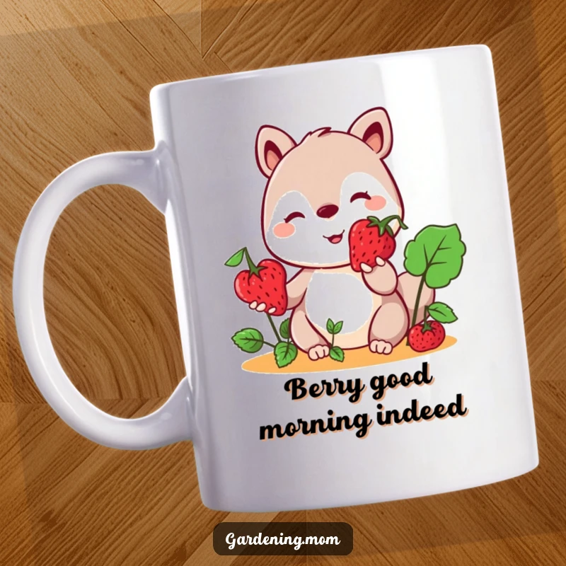 Funny Kawaii Gardening Animal Mug Offering a Ripe Berry, Smiling Sweetly, Perfect for Coffee Lovers.