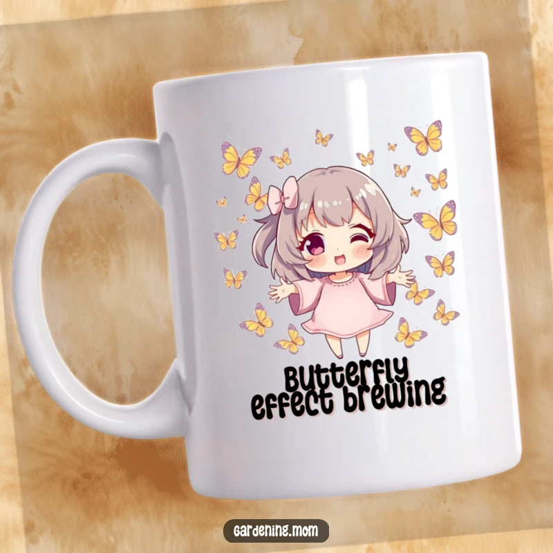 Funny Mug: Character with outstretched hands, surrounded by fluttering butterflies, embodying gentleness and wonder as a funny gift.