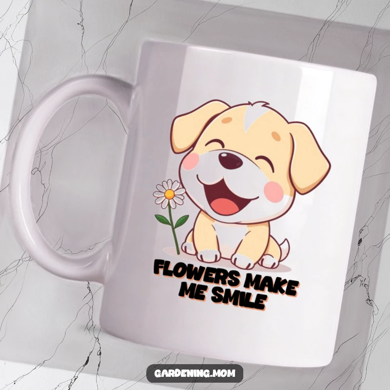 Funny mama dog mug with a delighted expression, gazing admiringly at a beautiful blooming daisy, celebrating nature's beauty.
