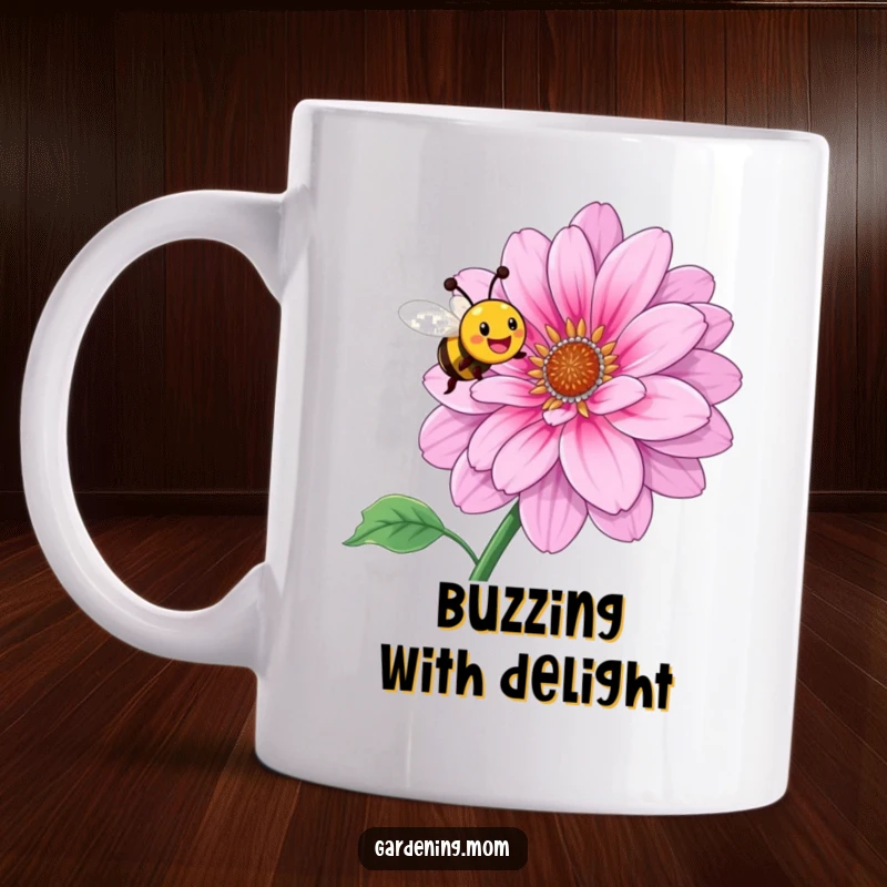 Funny mug featuring a smiling bee joyfully buzzing around a large, vibrant blooming flower, embodying pure delight.