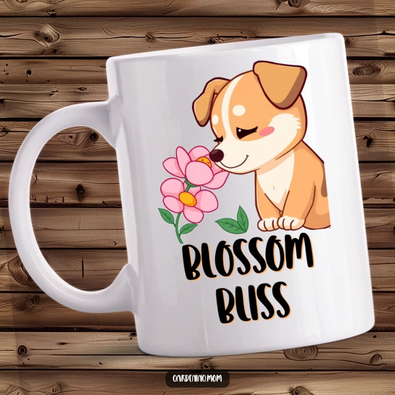 Funny dog admiring a blooming flower with a look of pure delight, pure happiness, perfect funny gift mug.