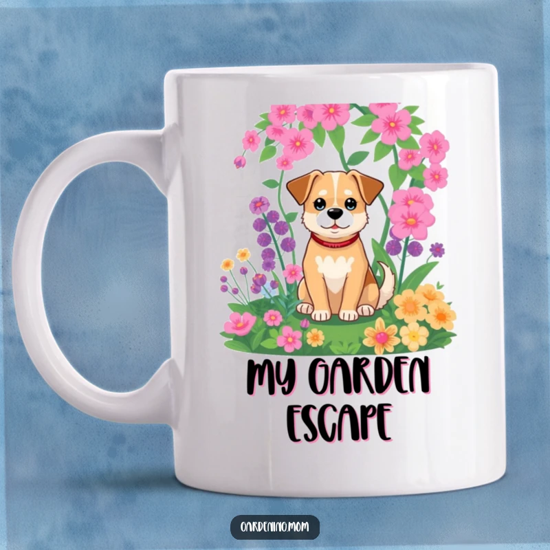Funny mug showing a relaxed dog sitting peacefully amidst a vibrant, green garden, radiating calm and happiness.
