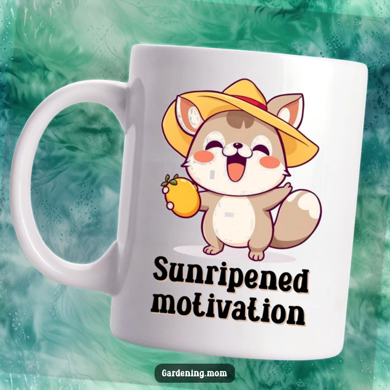 Funny mug of an excited animal in a sun hat, eagerly reaching for a ripe piece of fruit, embodying summer joy.