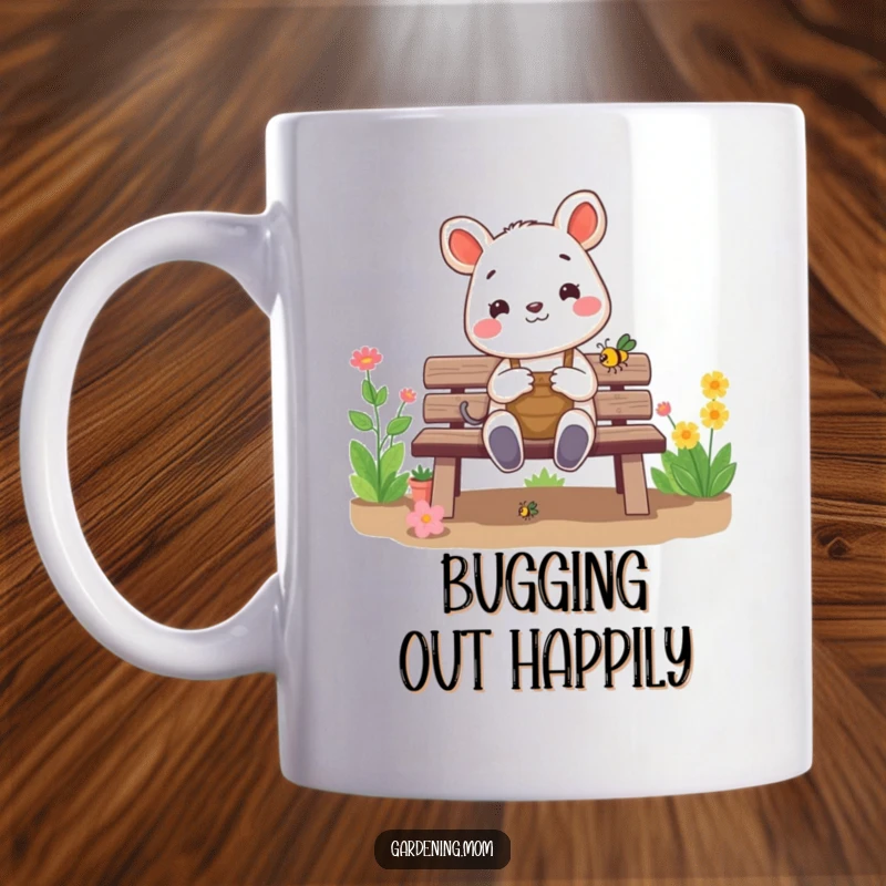 Funny gardening animal mug: a cheerful critter sits on a garden bench, happily admiring a small bug with curiosity and delight.