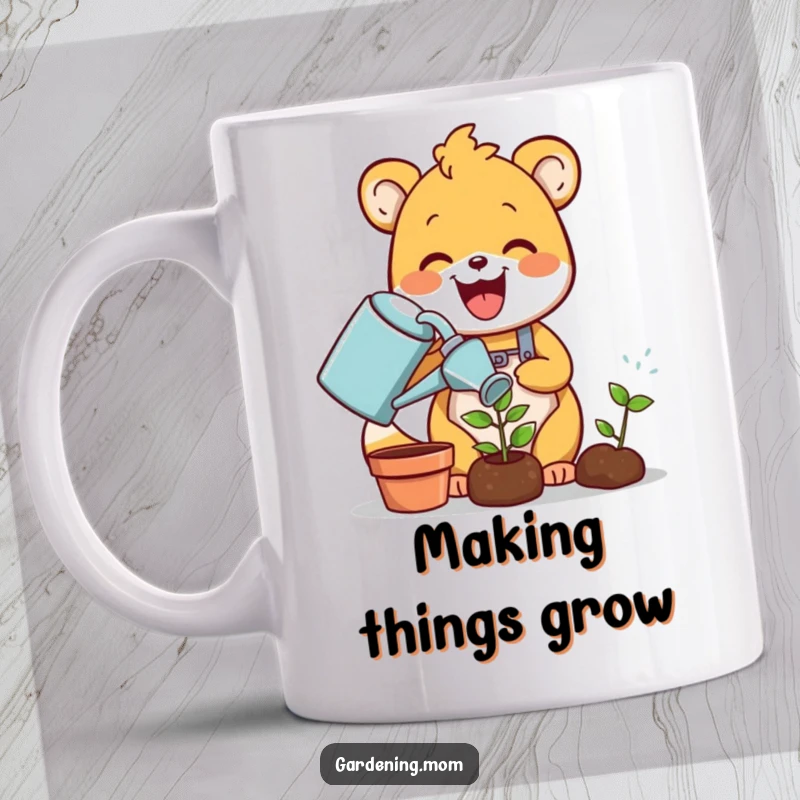 Funny gardening animal mug: a delighted critter joyfully waters a tiny green sprout with a watering can, promoting growth and smiles.