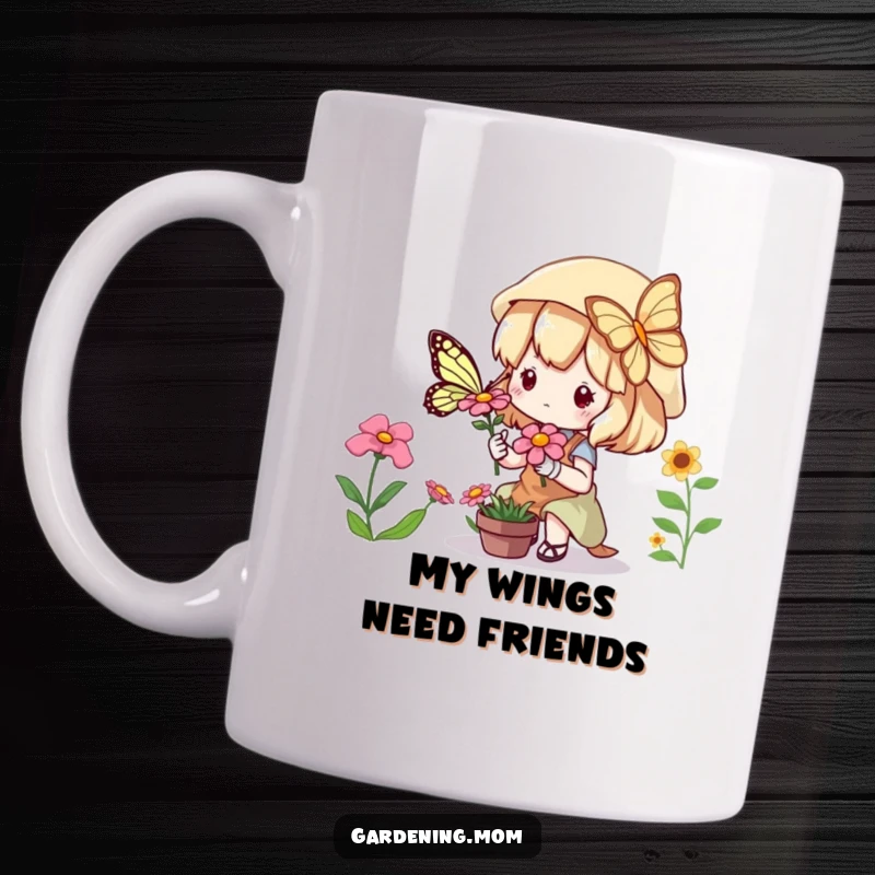 Funny Mug: Kawaii gardener character captivated by a colorful butterfly fluttering near a vibrant flower, expressing serene joy.