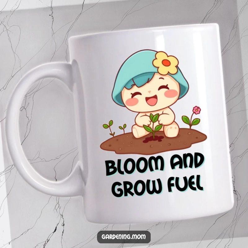 Funny Kawaii gardening character mug, joyfully planting a tiny seed with a happy expression.