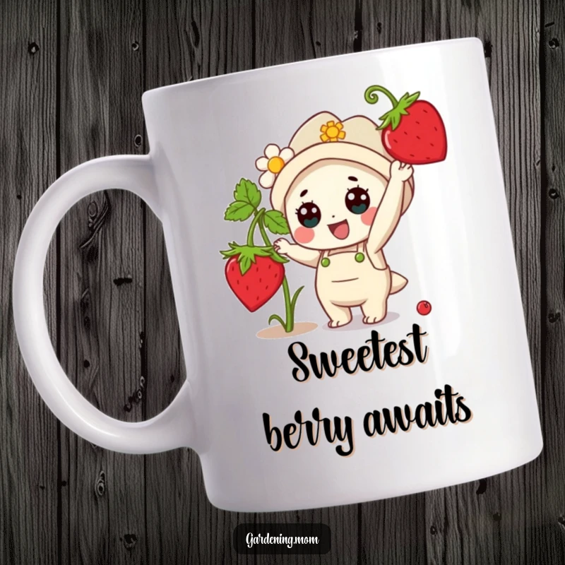 Funny Mug: A kawaii gardening character enthusiastically reaches for a ripe, juicy strawberry with a big smile.