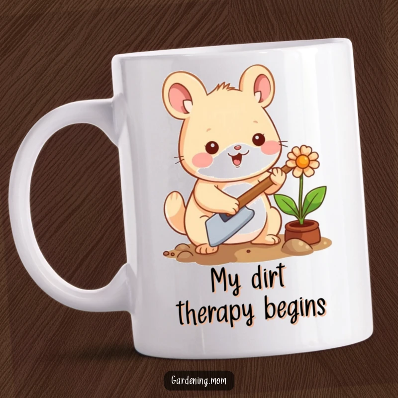 Funny Kawaii Gardening Animal Mug: Adorable creature with wide eyes, happily holding a trowel and planting a flower with a cheerful expression.
