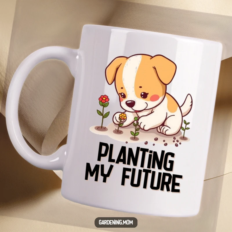 Funny dog carefully planting seeds with small, focused paws, gardening humor, perfect funny gift mug.