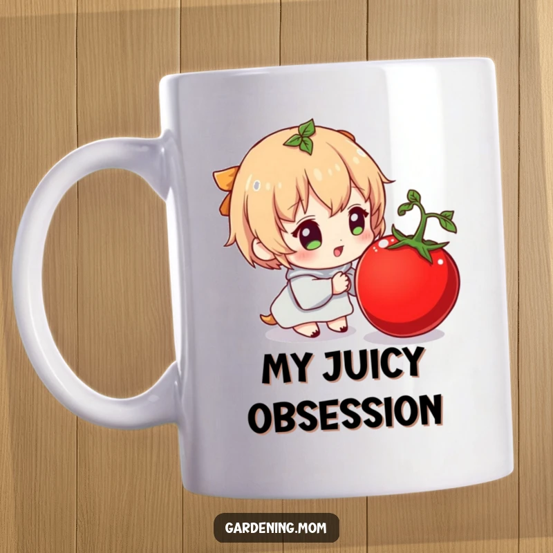 Funny mug with a character ecstatically gazing at a ripe, plump tomato, showcasing pure veggie appreciation and humor.