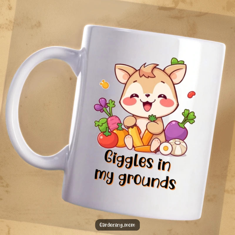 Funny Mug: A giggling animal character gleefully picking colorful vegetables, radiating pure happiness and garden delight.
