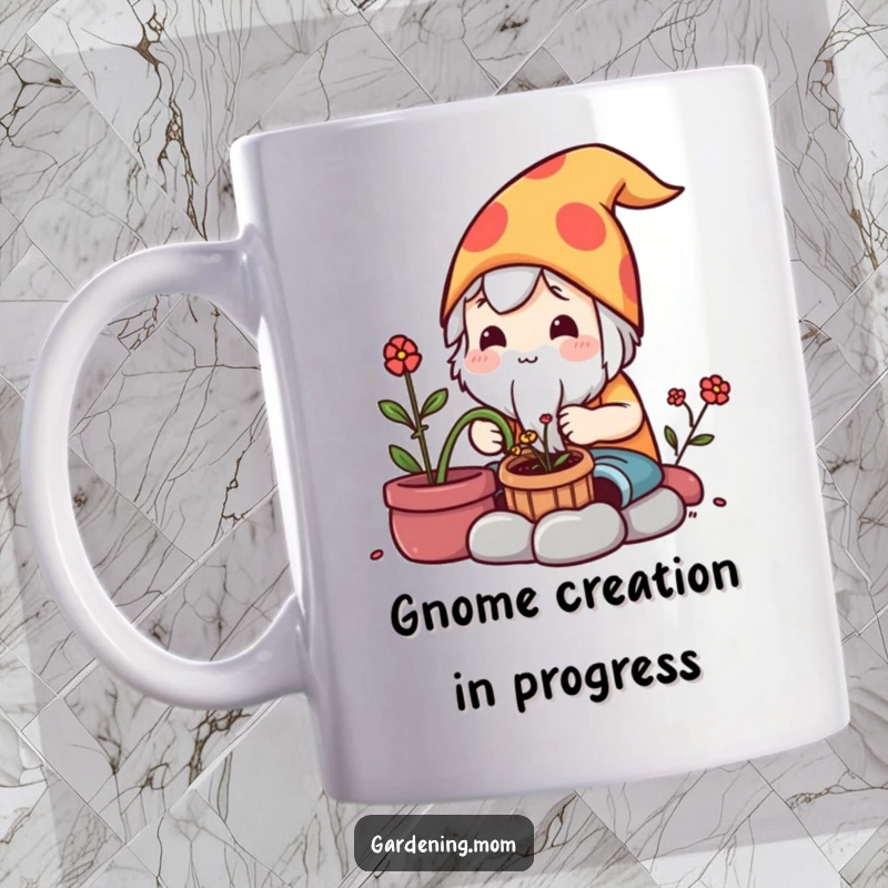 Funny Mug: A kawaii gardening character meticulously creates a small, cute garden gnome with focus and joy.