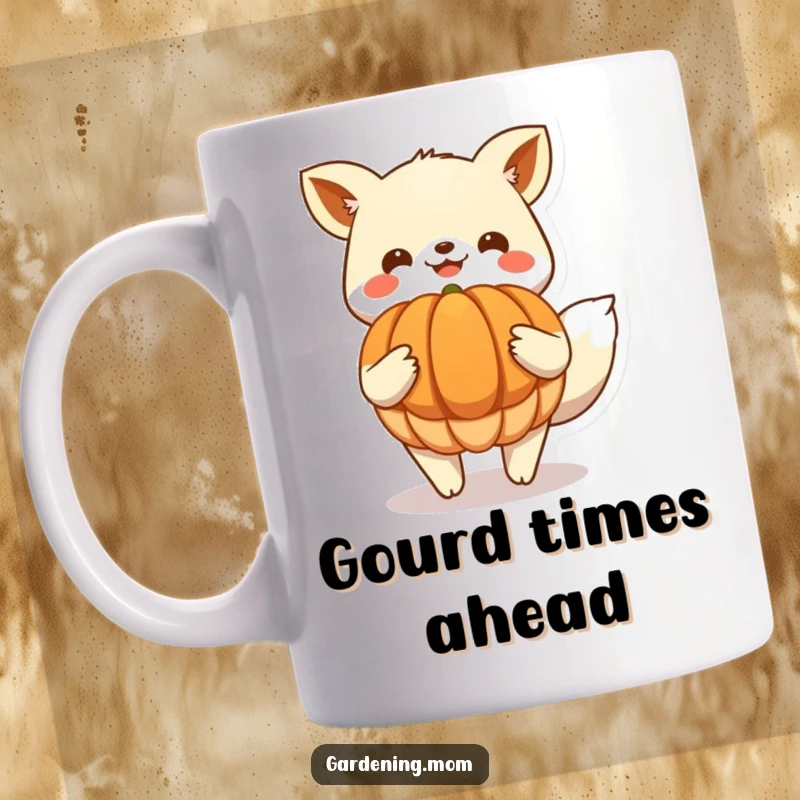 Funny Mug: Ecstatic animal character beaming with pride while holding a huge, perfectly ripe pumpkin, embodying autumn harvest delight.