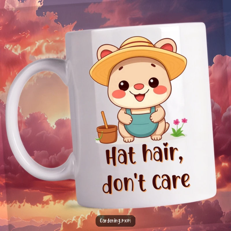 Funny Kawaii Gardening Animal Mug: A cute creature wearing a straw hat, beaming with pride and a wide, happy grin.