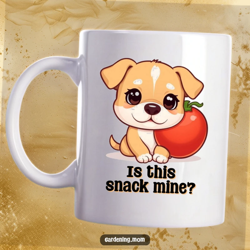 Funny mama dog mug with bright, curious eyes, peeking playfully from behind a large, ripe tomato, celebrating garden bounty.