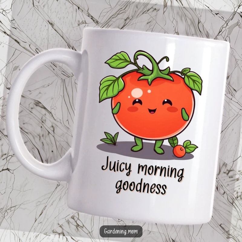 Funny mug featuring a smiling gardening animal character offering a ripe, plump tomato with pride and joy.
