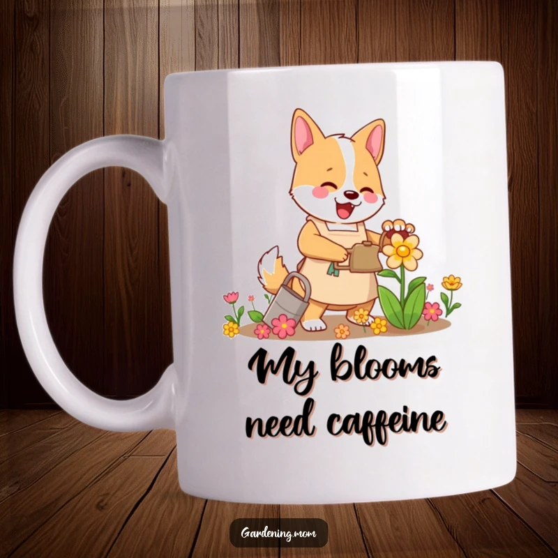 Funny Mama Dog Flower Waterer Mug: A mama dog in an apron happily waters a vibrant flower, showing gardening enthusiasm.