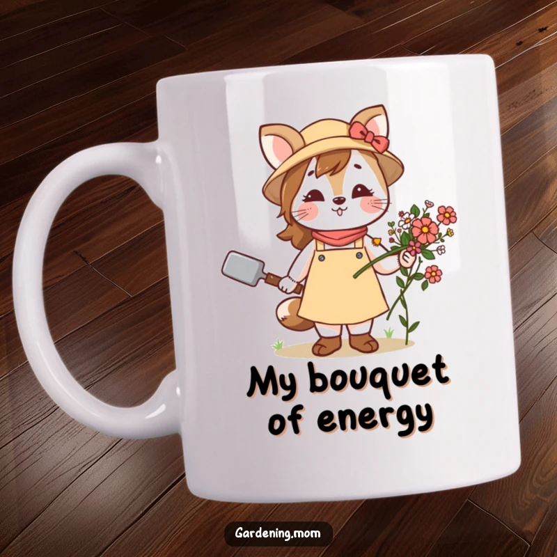 Funny mug with a happy gardening mom animal holding a trowel and a colorful bundle of flowers, showcasing garden success.