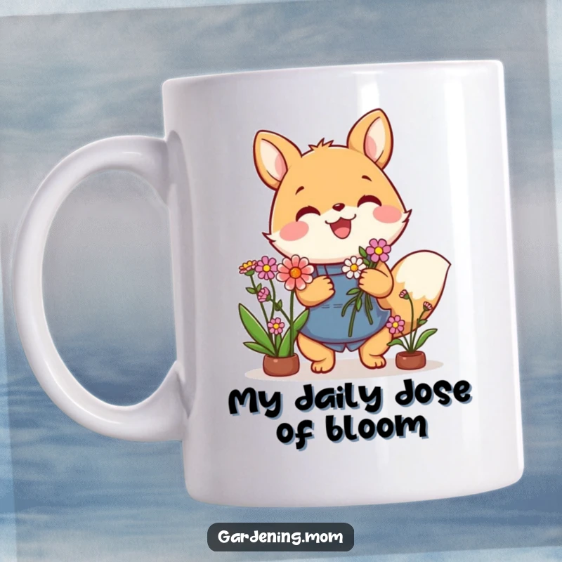 Funny mug featuring a happy gardening animal character presenting a colorful bouquet of flowers with pure delight.