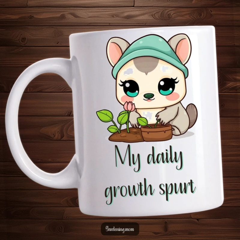 Funny Kawaii Gardening Animal Mug: A cute creature with large, amazed eyes, looking intently at a small, blooming sprout with wonder.