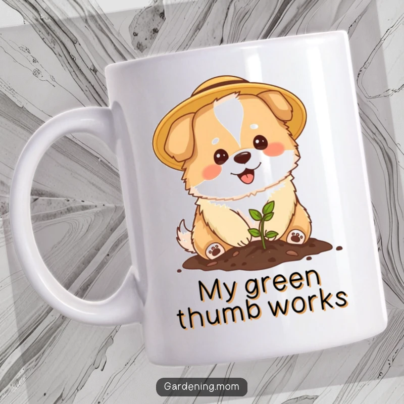Funny Mama Dog Gardener Mug: A fluffy mama dog in a sun hat happily plants a seedling, showing gardening joy.