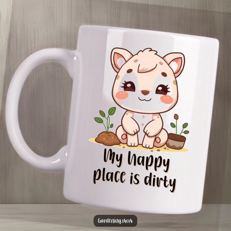 Funny gardening mom animal mug with a big beaming smile and cute dirt smudges on her cheeks, ready to tackle the garden with glee.